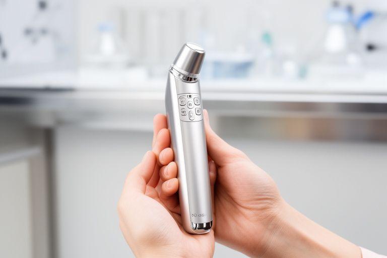 Hände halten ein professionelles Skincare-Gerät in einem hellen Zürcher Studio mit Edelstahlwerkbank