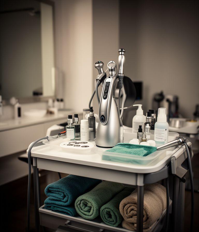 Professionelles Skincare-Instrument auf einem Salonwagen mit geordneten Handtüchern und Fläschchen