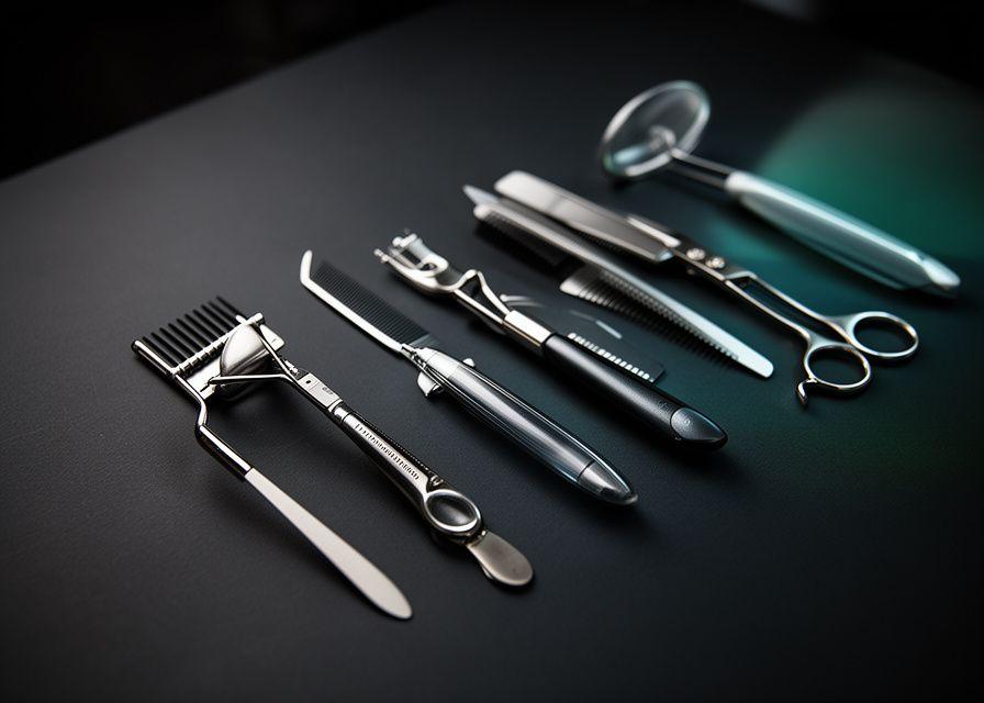 Professionelle Beauty-Tools auf einem dunklen Tisch mit dezenten Reflexen und präzisen Linien