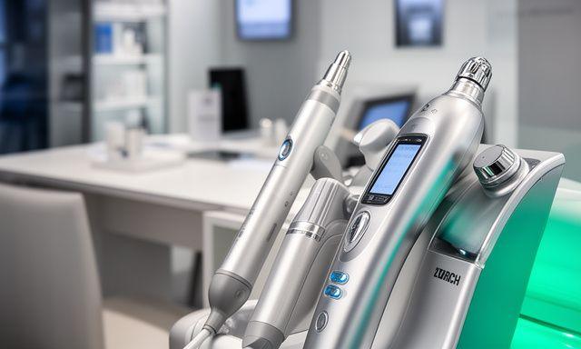 Close-up of professional skincare devices displayed beside a consulting desk in a Zurich beauty showroom
