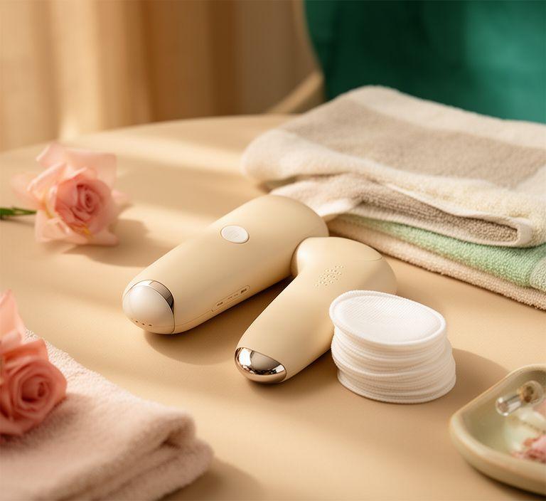 Starter-Set mit Beauty-Tool, Reinigungspads und Anleitung auf einem Tisch im Home-Spa-Stil